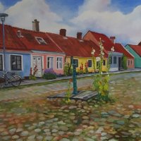 Straatje in simrishamn, olieverf op doek, 60 x 80 cm